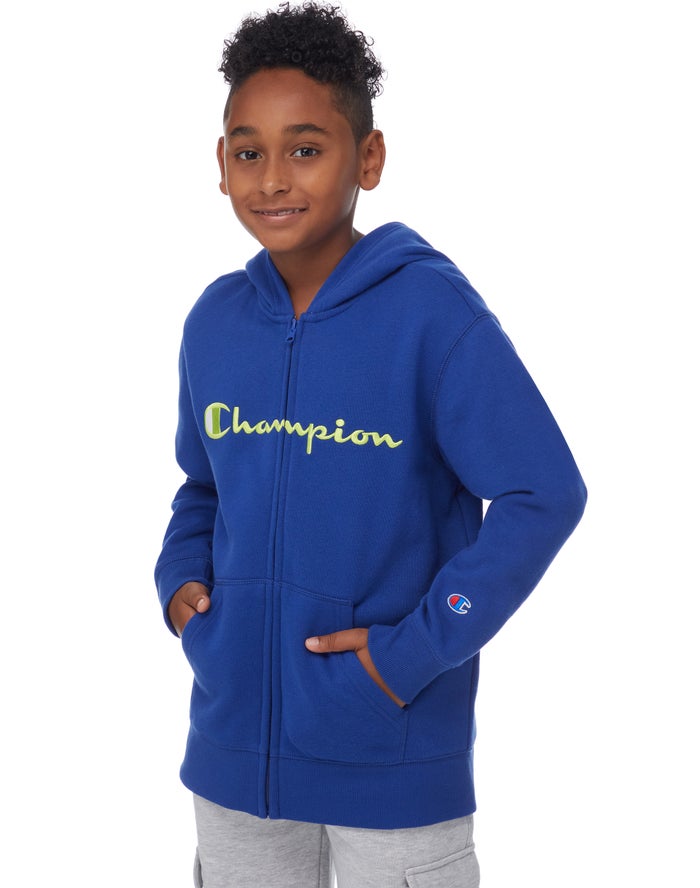 Champion Drenge Hættetrøje Blå - Fleece C + Script Logos - Danmark SNQ-395168